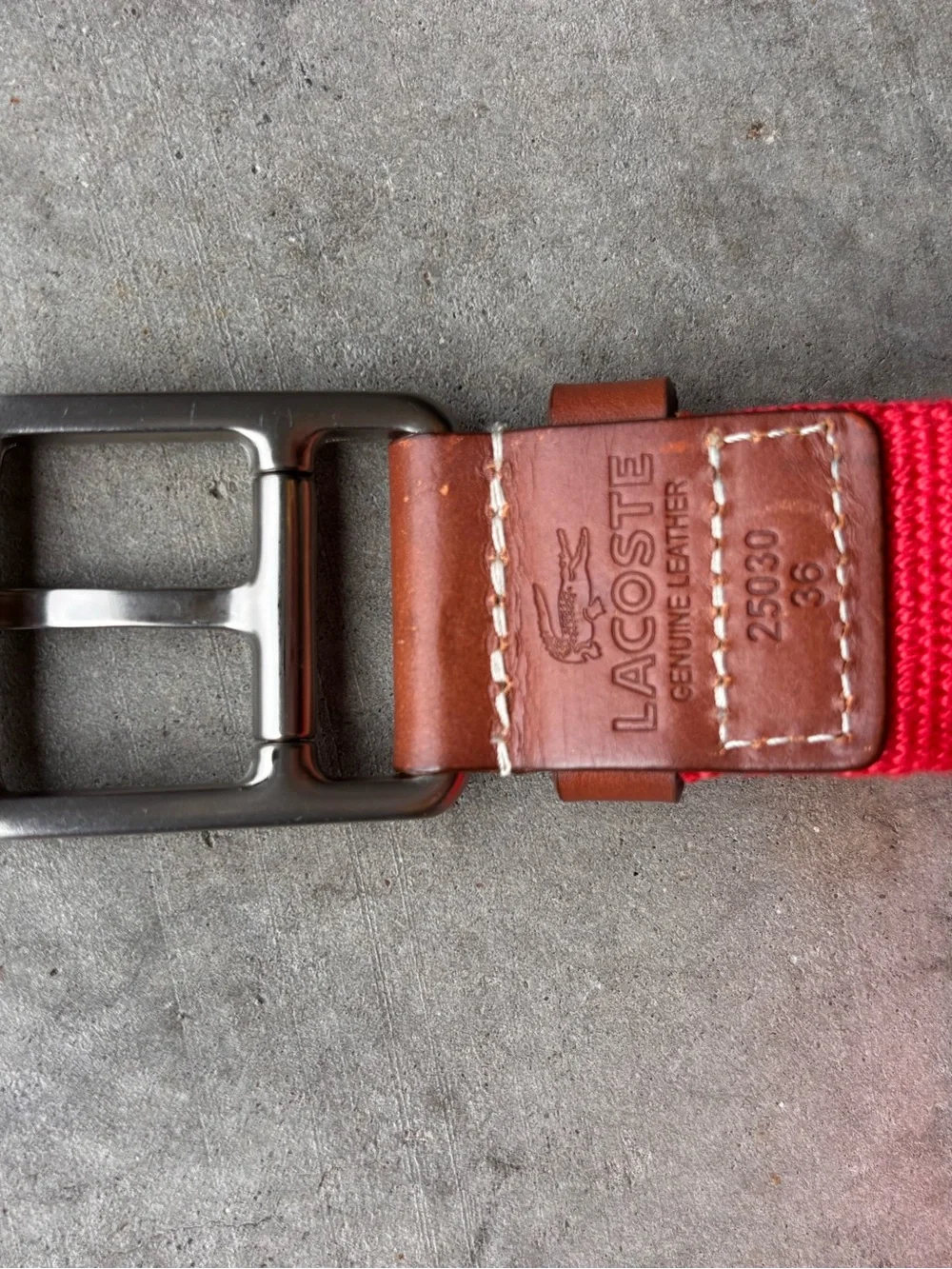 Lacoste Red Canvas Belt Genuine Leather Croc Logo Size 36